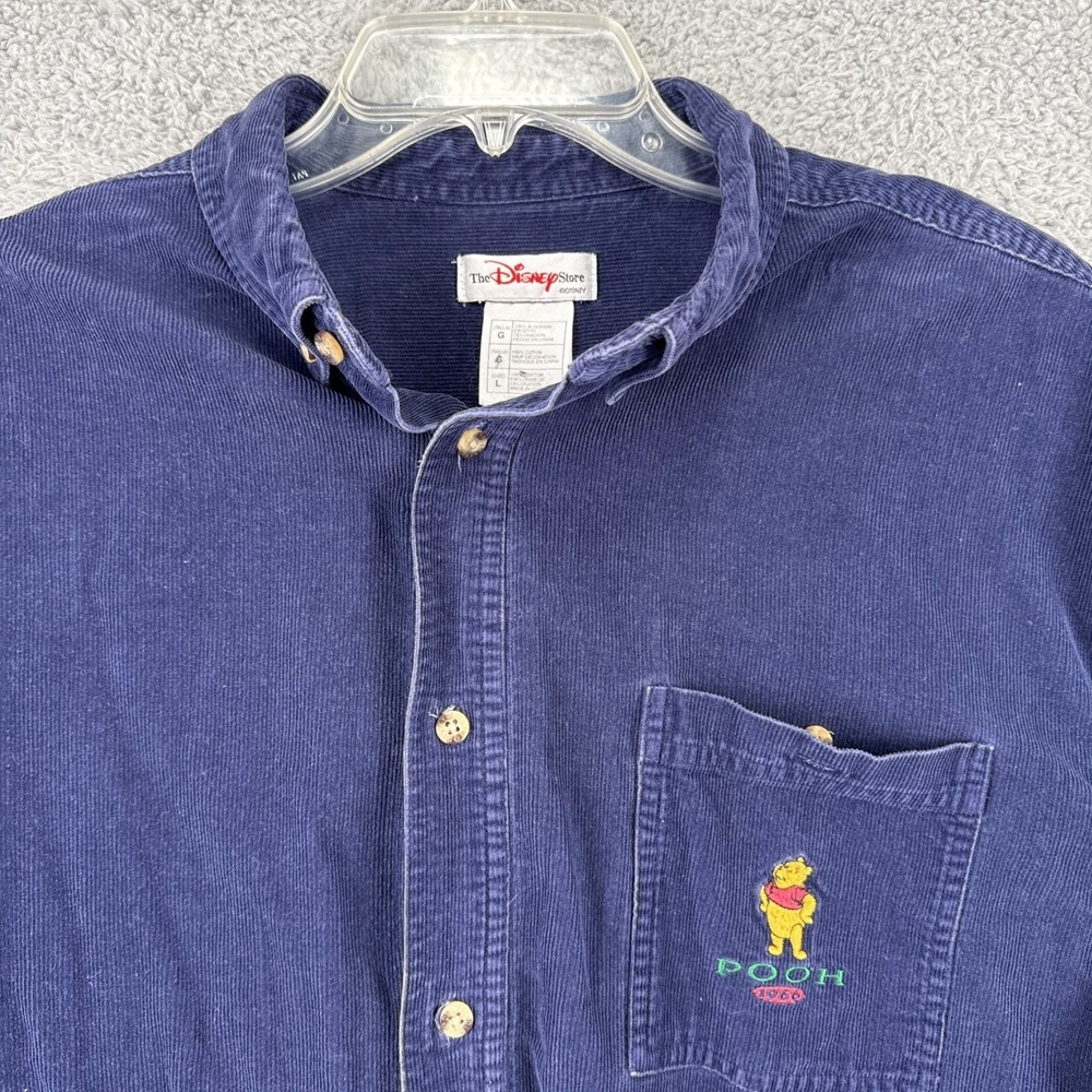 Disney Store Winnie The Pooh Mens Large Blue Corduroy Button Down Shirt Vintage